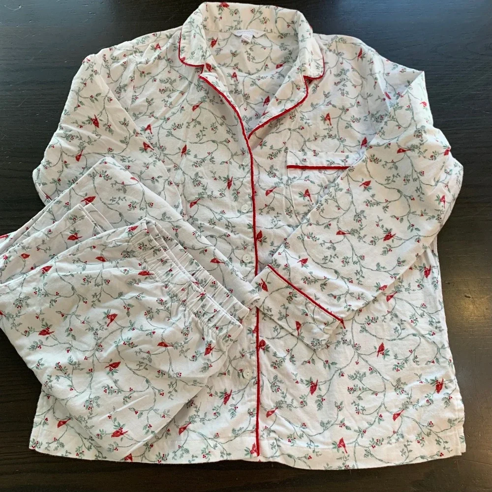 Charter Club Intimates Women PL Cotton Flannel Pajama Set Cardinal‎ Bird Lover